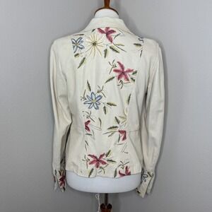 PASHA VENETO Embroidered Leather Blazer Jacket MED Cream Floral Cuffs Boho